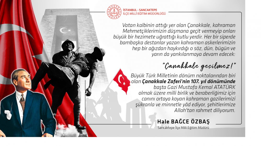İlçe Milli Eğitim Müdürümüz Hale BAĞCE ÖZBAŞ'ın 18 Mart Çanakkale Zaferi ve Şehitleri Anma Günü Mesajı