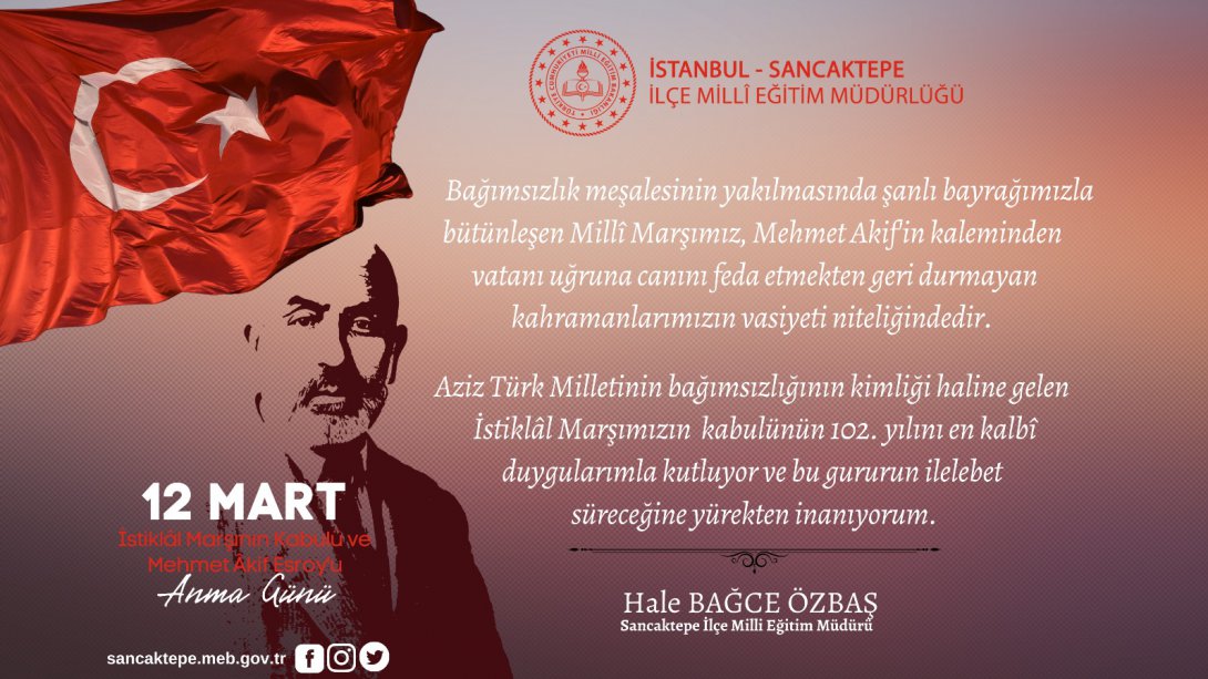İlçe Milli Eğitim Müdürümüz Hale BAĞCE ÖZBAŞ'ın 12 Mart İstiklal Marşı'nın Kabulü ve Mehmet Akif ERSOY'u Anma Günü Mesajı