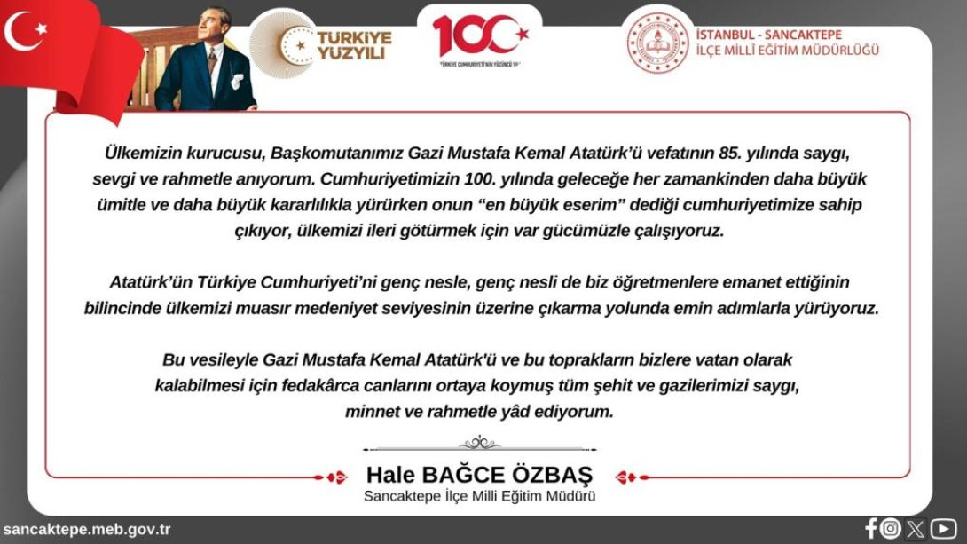 İlçe Millî Eğitim Müdürümüz Hale BAĞCE ÖZBAŞ'ın 10 Kasım Atatürk'ü Anma Günü Mesajı