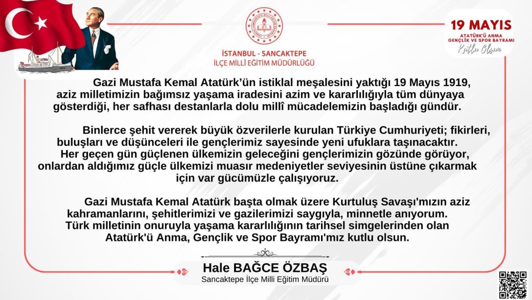 Millî Eğitim Müdürümüz Hale BAĞCE ÖZBAŞ'ın 19 Mayıs Atatürk'ü Anma, Gençlik ve Spor Bayramı Mesajı